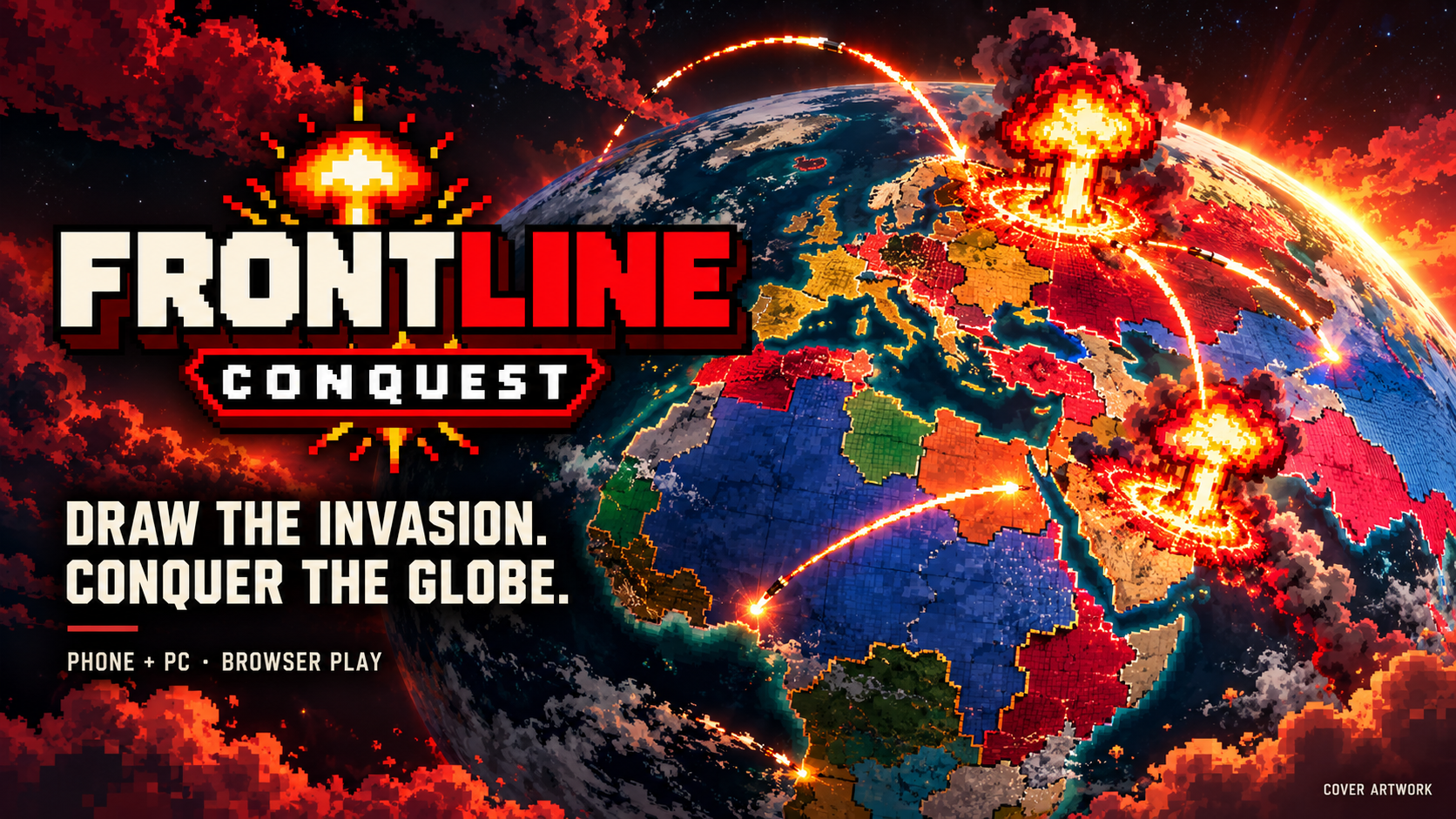 Frontline Conquest cover artwork showing a globe, fleets and dramatic strikes